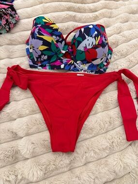Abercrombie & Fitch Red Bikini Bottom with Multicolor Floral Bikini Top